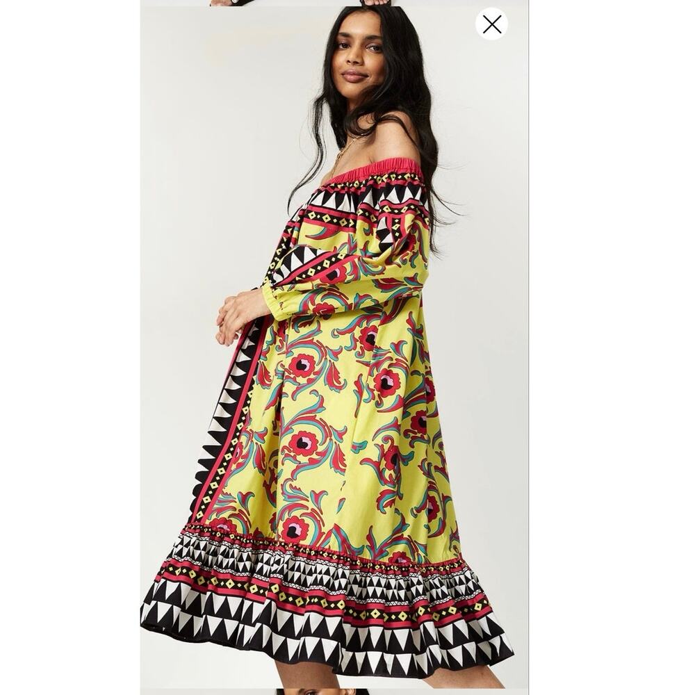 LA DOUBLEJ Yellow Paisley Mod Geo Print Three Quarter Sleeve Off Shoulder Dress - Picture 9 of 16